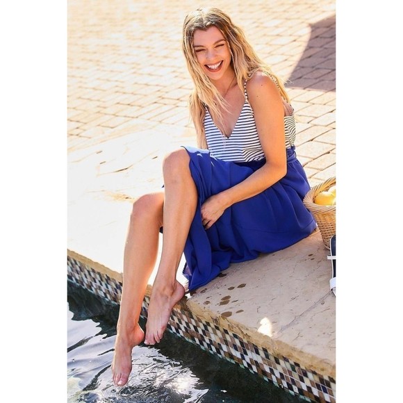 Striped Print Cami Sol Top Hi-waist Skirt Side Pocket Maxi Dress - Picture 4 of 9